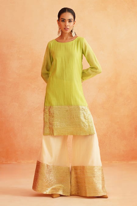 Palak & Mehak_Green Chanderi Zari Round Neck Adiva Straight Hem Embroidered Kurta Pant Set _Online_at_Aza_Fashions