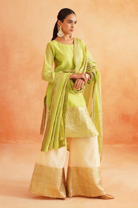Buy_Palak & Mehak_Green Chanderi Zari Round Neck Adiva Straight Hem Embroidered Kurta Pant Set _Online_at_Aza_Fashions