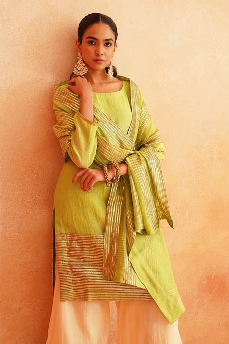 Shop_Palak & Mehak_Green Chanderi Zari Round Neck Adiva Straight Hem Embroidered Kurta Pant Set _Online_at_Aza_Fashions