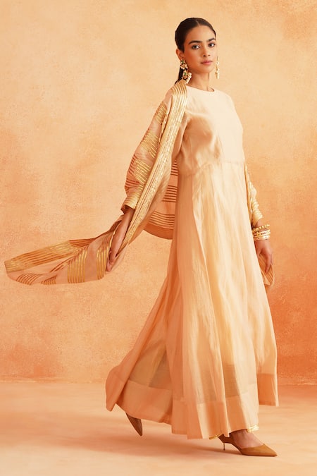 Buy_Palak & Mehak_White Chanderi Zari Round Neck Adiva Plain Anarkali Pant Set _Online_at_Aza_Fashions