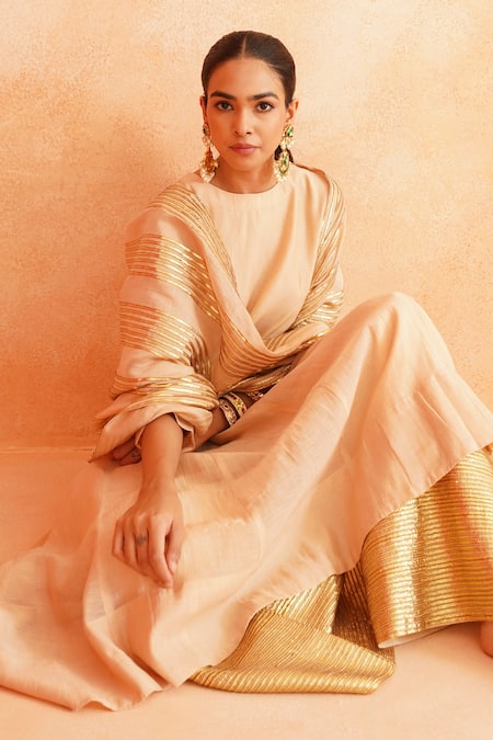 Shop_Palak & Mehak_White Chanderi Zari Round Neck Adiva Plain Anarkali Pant Set _Online_at_Aza_Fashions