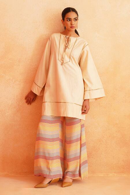 Palak & Mehak_White Crepe, Cotton Lace Aleena Embroidered Kurta And Chevron Pattern Palazzo Set _Online_at_Aza_Fashions