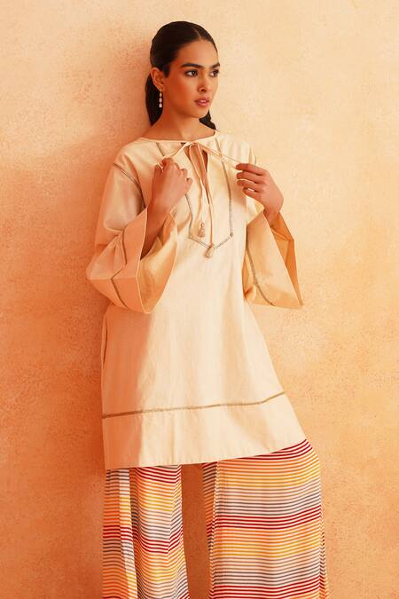 Buy_Palak & Mehak_White Crepe, Cotton Lace Aleena Embroidered Kurta And Chevron Pattern Palazzo Set _Online_at_Aza_Fashions