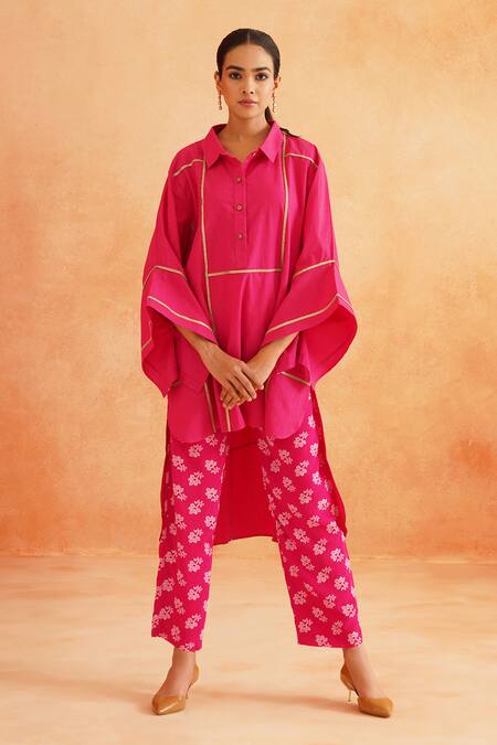 Palak & Mehak_Pink Crepe, Cotton Lace Collared Aleena High Low Shirt Kurta And Pant Set _Online_at_Aza_Fashions