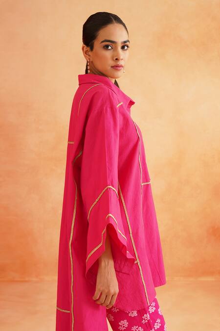 Buy_Palak & Mehak_Pink Crepe, Cotton Lace Collared Aleena High Low Shirt Kurta And Pant Set _Online_at_Aza_Fashions