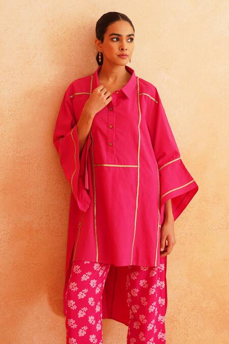 Palak & Mehak_Pink Crepe, Cotton Lace Collared Aleena High Low Shirt Kurta And Pant Set _at_Aza_Fashions