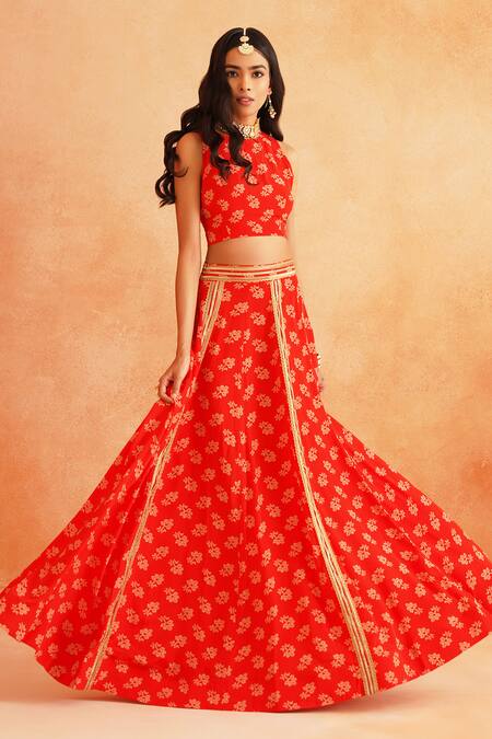 Palak & Mehak Red Crepe Embroidery, Lace Round Neck Disha Floral Print Lehenga Set Online at Aza Fashions Palak & Mehak_Red Crepe Embroidery, Lace Round Neck Disha Floral Print Lehenga Set _Online_at_Aza_Fashions