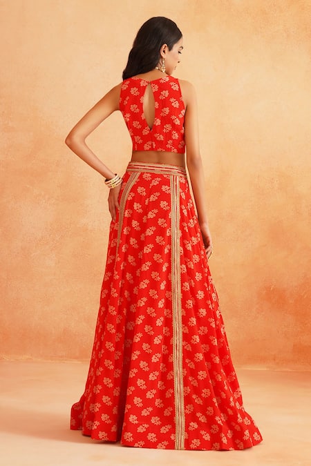 Shop_Palak & Mehak_Red Crepe Embroidery, Lace Round Neck Disha Floral Print Lehenga Set _at_Aza_Fashions