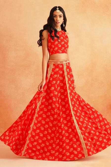 Palak & Mehak_Red Crepe Embroidery, Lace Round Neck Disha Floral Print Lehenga Set _Online_at_Aza_Fashions