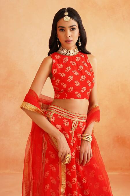 Buy_Palak & Mehak_Red Crepe Embroidery, Lace Round Neck Disha Floral Print Lehenga Set _Online_at_Aza_Fashions