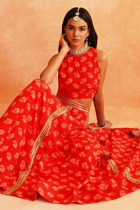 Buy_Palak & Mehak_Red Crepe Embroidery, Lace Round Neck Disha Floral Print Lehenga Set 