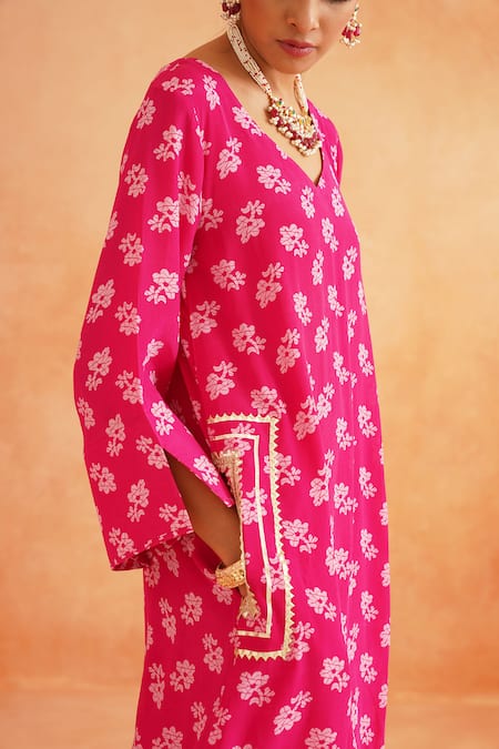 Buy_Palak & Mehak_Pink Crepe, Net Embroidery V-neck Gauri Floral Print Kurta Flared Pant Set _Online_at_Aza_Fashions