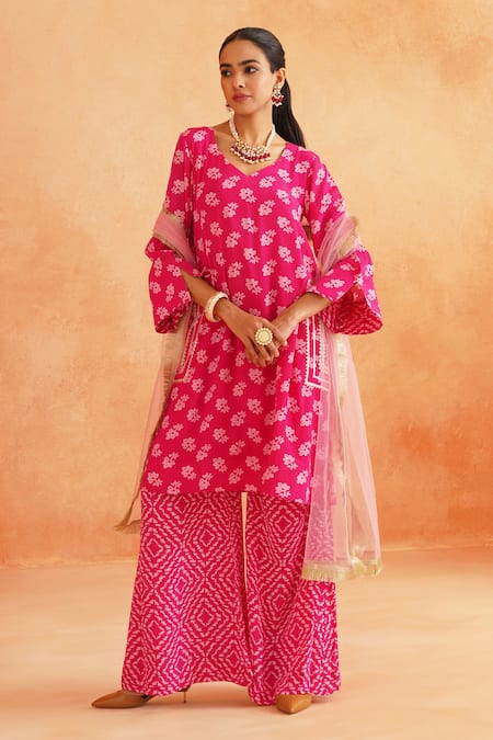 Shop_Palak & Mehak_Pink Crepe, Net Embroidery V-neck Gauri Floral Print Kurta Flared Pant Set _Online_at_Aza_Fashions
