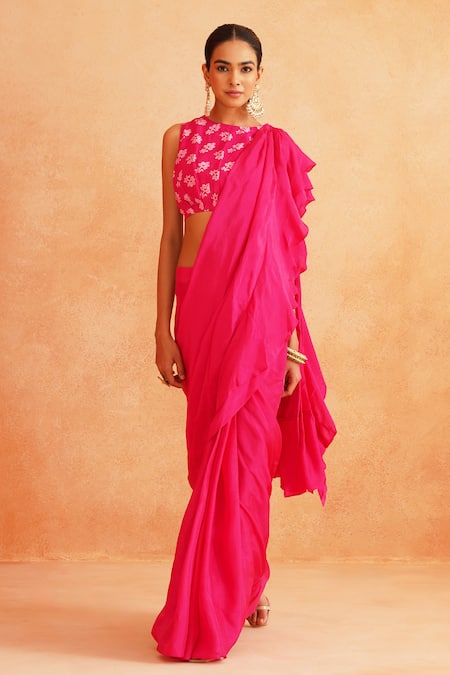 Palak & Mehak Ishna Pre-Draped Saree With Printed Blouse 
