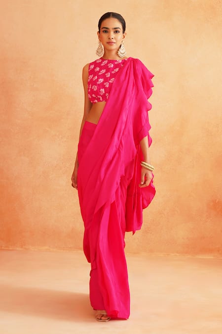 Palak & Mehak_Pink Crepe Embroidery Round Neck Ishna Pre-draped Saree With Printed Blouse _Online_at_Aza_Fashions