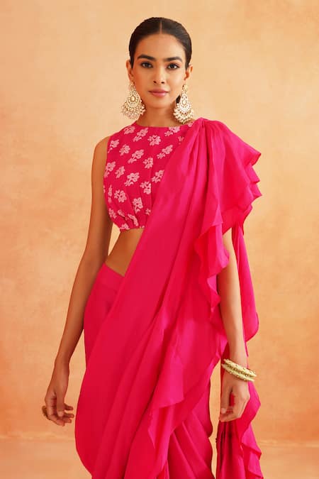 Buy_Palak & Mehak_Pink Crepe Embroidery Round Neck Ishna Pre-draped Saree With Printed Blouse _Online_at_Aza_Fashions