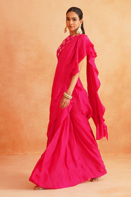 Palak & Mehak_Pink Crepe Embroidery Round Neck Ishna Pre-draped Saree With Printed Blouse _at_Aza_Fashions