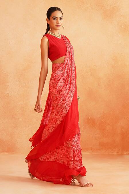 Buy_Palak & Mehak_Red Crepe Round Neck Ishna Pre-draped Printed Saree With Blouse _Online_at_Aza_Fashions