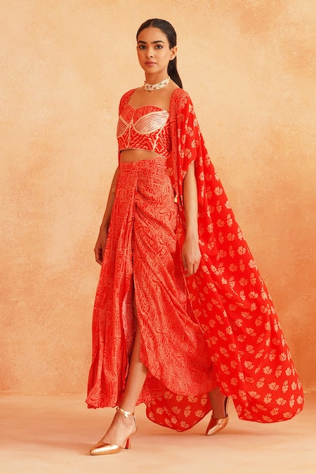 Shop_Palak & Mehak_Red Crepe Embroidery Sweetheart Neck Isra Printed Cape Draped Skirt Set _at_Aza_Fashions