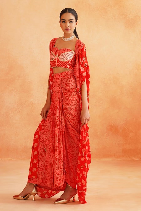 Palak & Mehak_Red Crepe Embroidery Sweetheart Neck Isra Printed Cape Draped Skirt Set _Online_at_Aza_Fashions