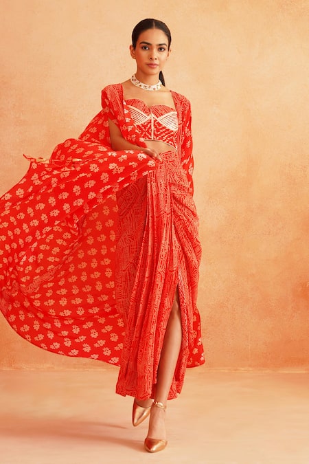 Shop_Palak & Mehak_Red Crepe Embroidery Sweetheart Neck Isra Printed Cape Draped Skirt Set _Online_at_Aza_Fashions