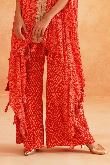 Palak & Mehak Red Crepe Tassels Kai Asymmetric Dotted Print Cape And Pant Set Online at Aza Fashions Palak & Mehak_Red Crepe Tassels Kai Asymmetric Dotted Print Cape And Pant Set _Online_at_Aza_Fashions