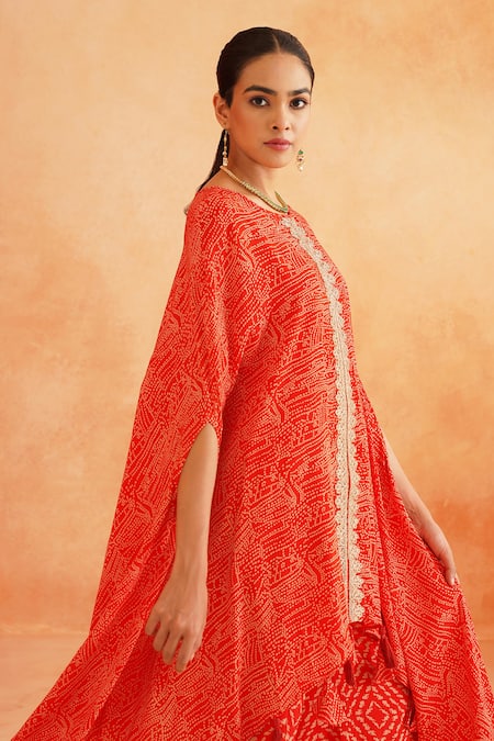 Buy_Palak & Mehak_Red Crepe Tassels Kai Asymmetric Dotted Print Cape And Pant Set _Online_at_Aza_Fashions