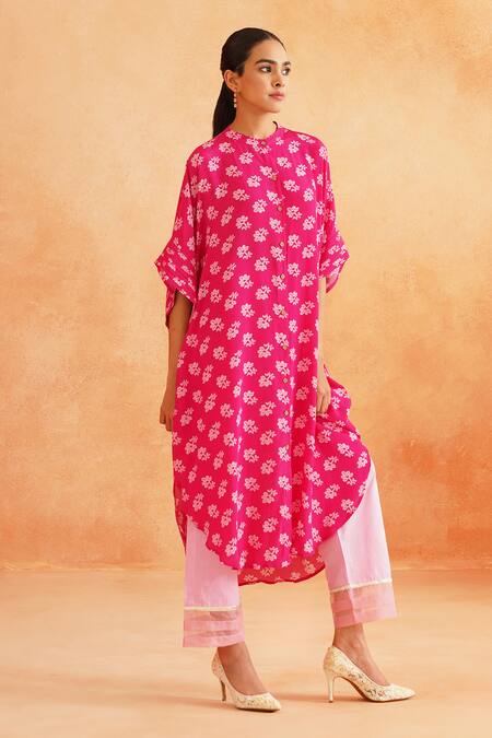 Palak & Mehak_Pink Crepe, Cotton Round Neck Maya Floral Print Cape Tunic And Pant Set _Online_at_Aza_Fashions