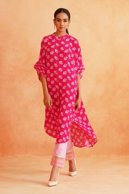 Buy_Palak & Mehak_Pink Crepe, Cotton Round Neck Maya Floral Print Cape Tunic And Pant Set _Online_at_Aza_Fashions