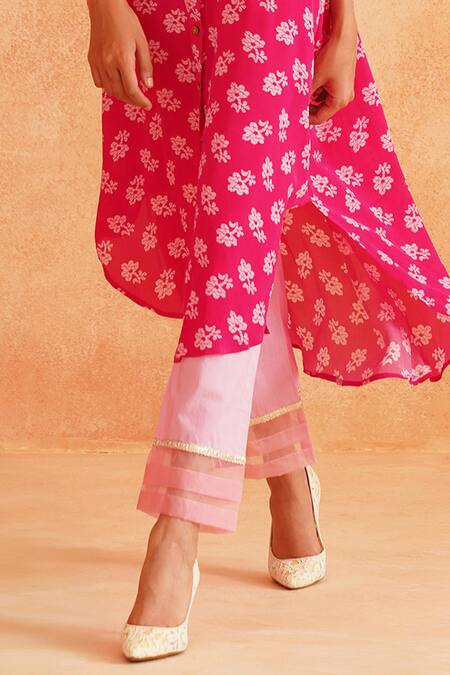 Shop Palak & Mehak Pink Crepe, Cotton Round Neck Maya Floral Print Cape Tunic And Pant Set Online at Aza Fashions Shop_Palak & Mehak_Pink Crepe, Cotton Round Neck Maya Floral Print Cape Tunic And Pant Set _Online_at_Aza_Fashions