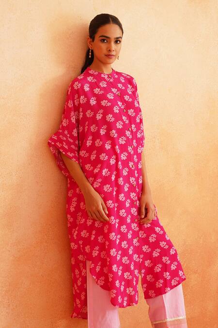 Palak & Mehak_Pink Crepe, Cotton Round Neck Maya Floral Print Cape Tunic And Pant Set _at_Aza_Fashions