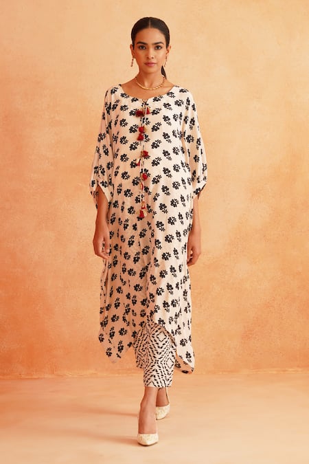 Buy_Palak & Mehak_White Crepe, Cotton Tassels Round Neck Maya Floral Print Kaftan Kurta And Pant Set _Online_at_Aza_Fashions