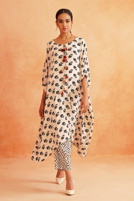 Shop_Palak & Mehak_White Crepe, Cotton Tassels Round Neck Maya Floral Print Kaftan Kurta And Pant Set _Online_at_Aza_Fashions