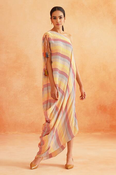 Palak & Mehak_Multi Color Crepe Tassels One Shoulder Printed Kaftan Dress _Online_at_Aza_Fashions
