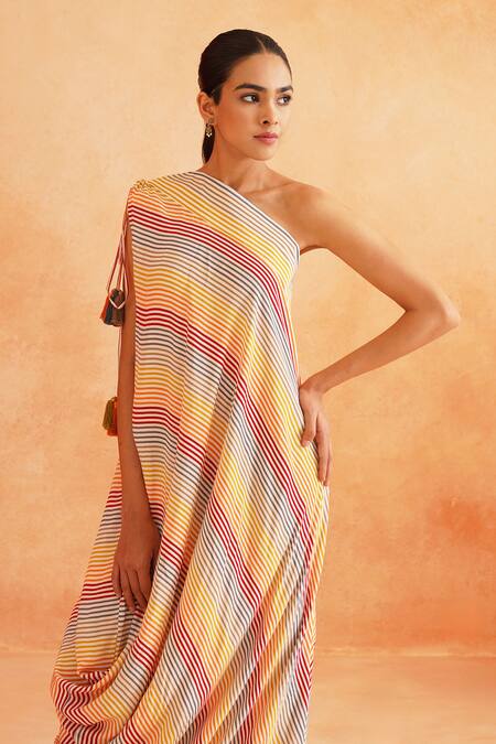 Buy_Palak & Mehak_Multi Color Crepe Tassels One Shoulder Printed Kaftan Dress _Online_at_Aza_Fashions