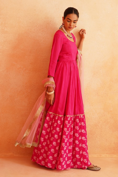 Shop_Palak & Mehak_Pink Crepe Embroidery, Lace Round Neck Printed Hem Anarkali Set _at_Aza_Fashions