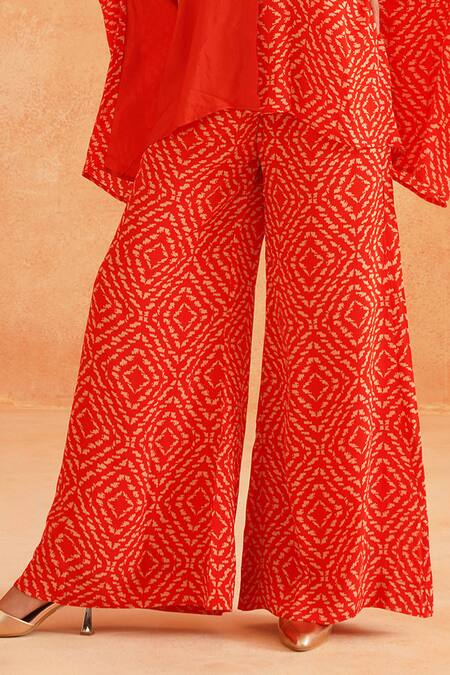 Palak & Mehak Red Crepe Collared Roshini Asymmetric Abstract Print Shirt Tunic And Pant Set Online at Aza Fashions Palak & Mehak_Red Crepe Collared Roshini Asymmetric Abstract Print Shirt Tunic And Pant Set _Online_at_Aza_Fashions