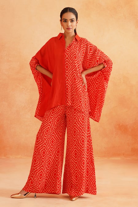 Buy_Palak & Mehak_Red Crepe Collared Roshini Asymmetric Abstract Print Shirt Tunic And Pant Set _Online_at_Aza_Fashions
