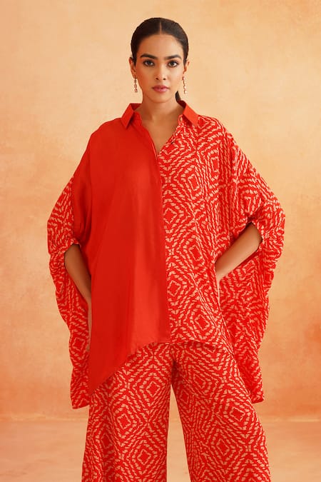 Shop_Palak & Mehak_Red Crepe Collared Roshini Asymmetric Abstract Print Shirt Tunic And Pant Set _Online_at_Aza_Fashions