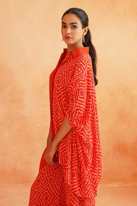 Palak & Mehak_Red Crepe Collared Roshini Asymmetric Abstract Print Shirt Tunic And Pant Set _at_Aza_Fashions
