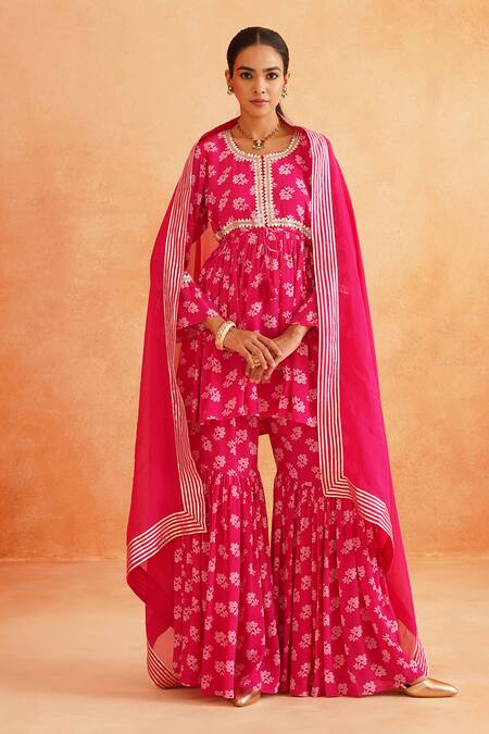 Palak & Mehak_Pink Chanderi, Crepe Embroidery Round Safa Floral Print Peplum Tunic Sharara Set _Online_at_Aza_Fashions