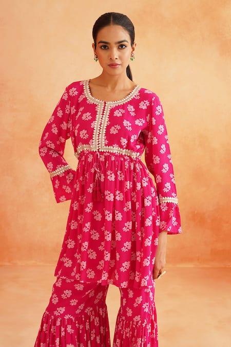 Buy_Palak & Mehak_Pink Chanderi, Crepe Embroidery Round Safa Floral Print Peplum Tunic Sharara Set _Online_at_Aza_Fashions
