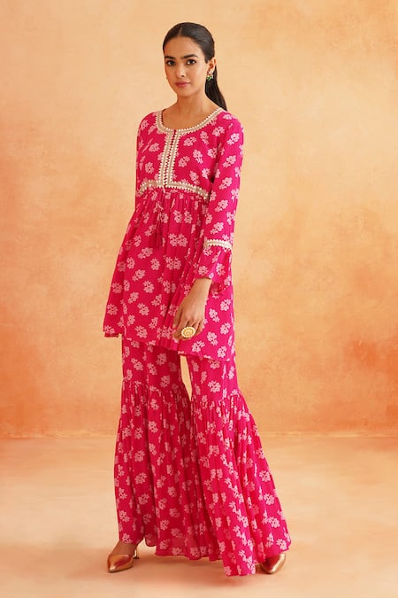 Shop_Palak & Mehak_Pink Chanderi, Crepe Embroidery Round Safa Floral Print Peplum Tunic Sharara Set _Online_at_Aza_Fashions
