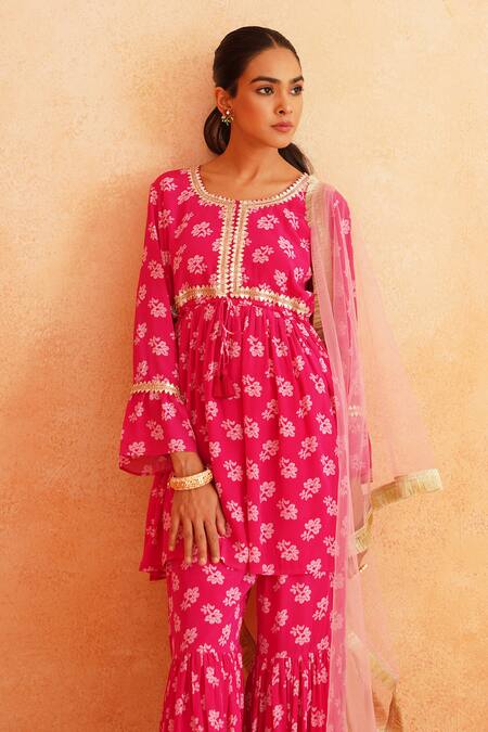 Shop_Palak & Mehak_Pink Chanderi, Crepe Embroidery Round Safa Floral Print Peplum Tunic Sharara Set 