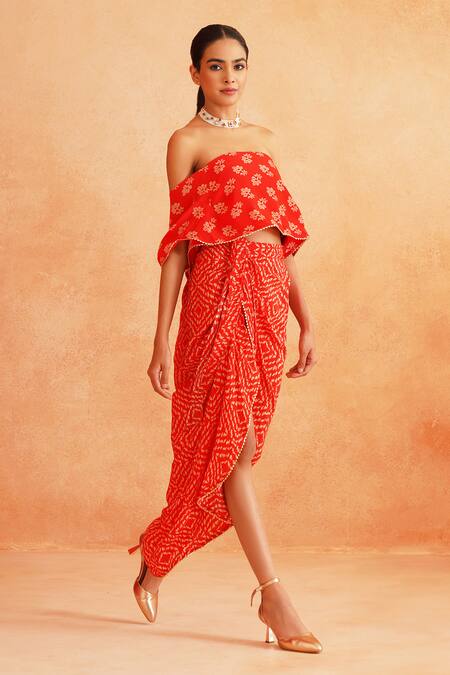 Buy_Palak & Mehak_Red Crepe Embroidery Off-shoulder Saira Printed Crop Top And Skirt Set _Online_at_Aza_Fashions