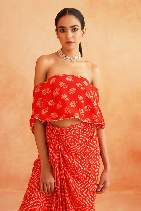 Shop_Palak & Mehak_Red Crepe Embroidery Off-shoulder Saira Printed Crop Top And Skirt Set _Online_at_Aza_Fashions