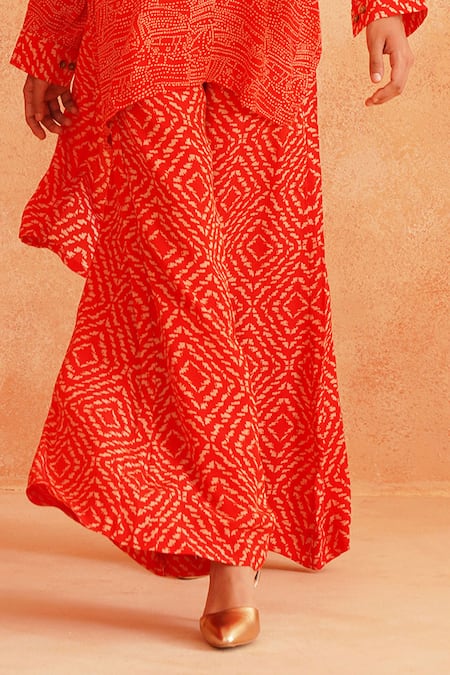 Palak & Mehak_Red Crepe Embroidery Zara Dotted Print Asymmetric Tunic And Wide Legged Pant _Online_at_Aza_Fashions