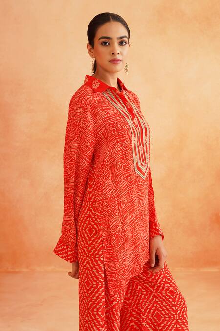 Shop_Palak & Mehak_Red Crepe Embroidery Zara Dotted Print Asymmetric Tunic And Wide Legged Pant _Online_at_Aza_Fashions