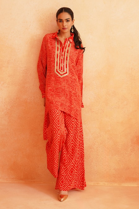 Palak & Mehak_Red Crepe Embroidery Zara Dotted Print Asymmetric Tunic And Wide Legged Pant _at_Aza_Fashions