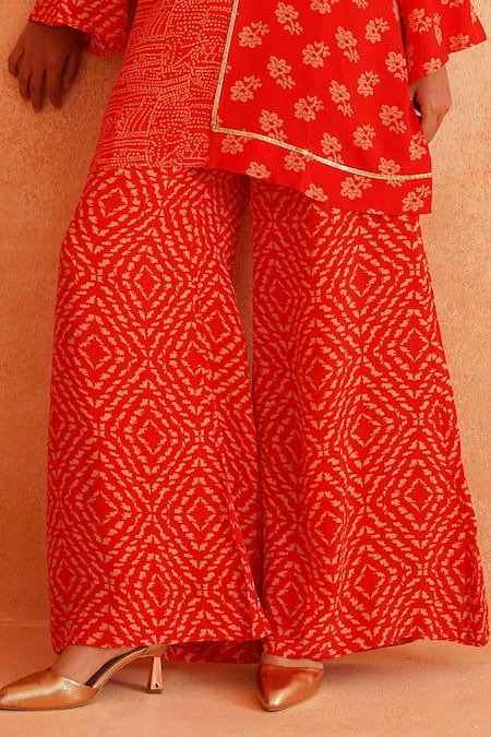 Buy_Palak & Mehak_Red Crepe Embroidery Collared Zara Floral Abstract Print Tunic And Pant Set _Online_at_Aza_Fashions